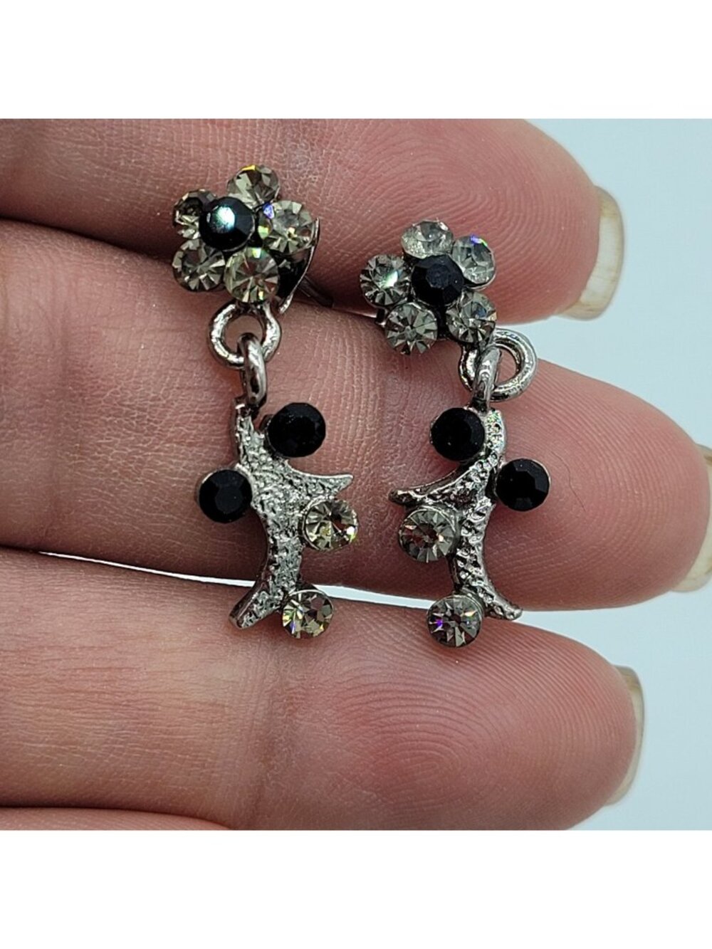 Vintage Inspired Drop Dangle Earrings Smoky & Black Rhinestones Floral